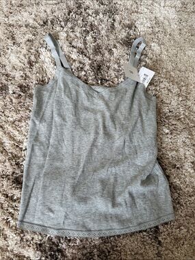Ribbed Lace-Trim Gray Cami Tank with Adjustable Straps